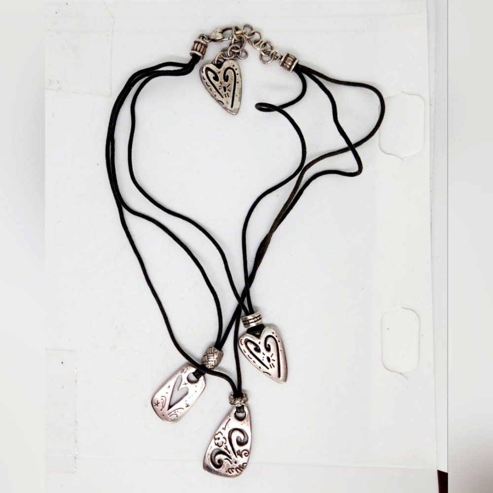 BRIGHTON Necklace Brazilian Hearts Triple Silver Plate Charm Black Cord Pendant